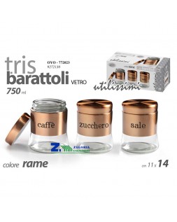 SET TRIS CONTENITORI IN VETRO 750 ml COLORE RAME CAFFE ZUCCHERO SALE Cm 11X1