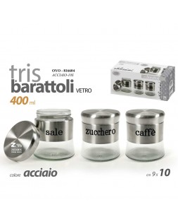 SET 3 TRIS BARATTOLI CUCINA VETRO SALE ZUCCHERO CAFFE ARGENTO 400ml  OYO-816604
