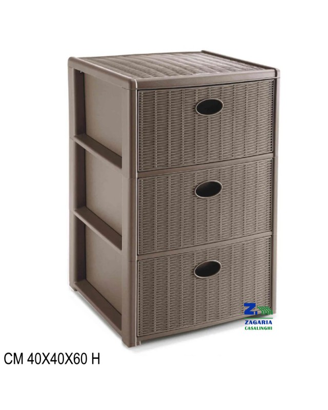 CASSETTIERA ELEGANCE 3 CASSETTI Cm 40 x 40 x 60 h COLORE TORTORA EFFETTO  RATTAN