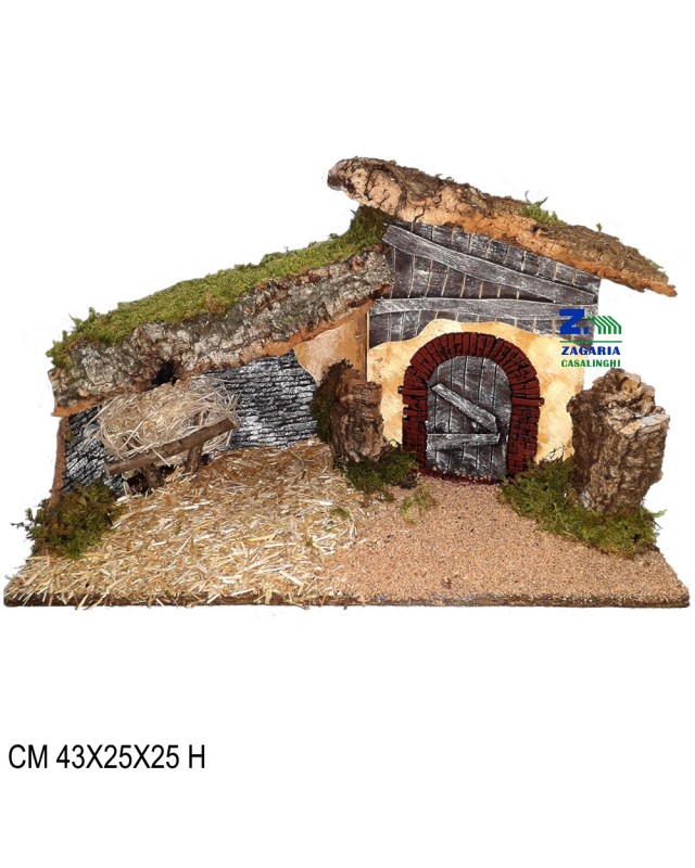 CAPANNA GROTTA IN LEGNO CON MANGIATOIA PER PRESEPE NATALIZIO CM 43X25X25 H